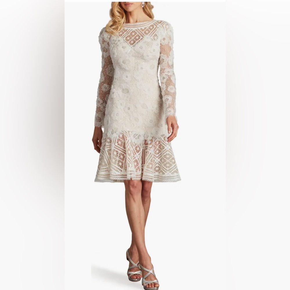 NWT Tadashi Shoji Rhinestone Embroidered Long Sleeve Cocktail Dress size12 ivory - Picture 1 of 11